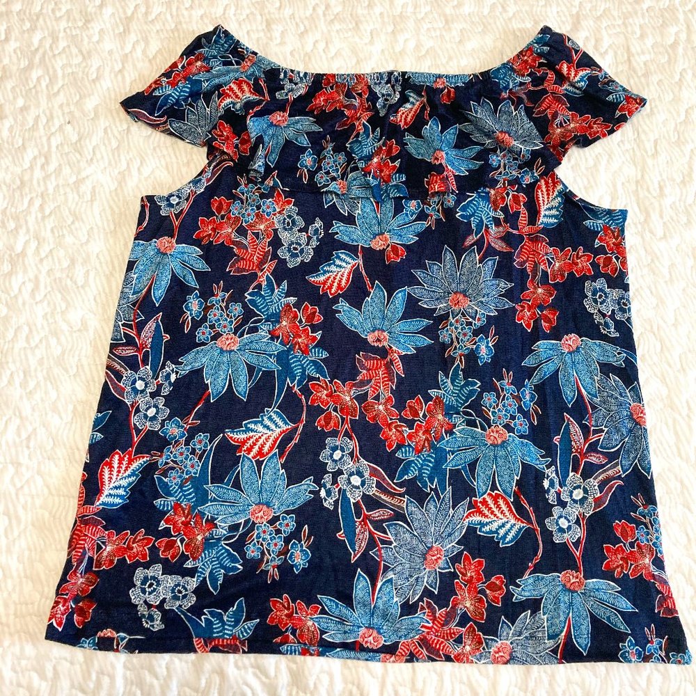 J Jill Sarasa Ruffled Tropical Ruffled Top 100% Linen Elastic Shoulder Navy Blue